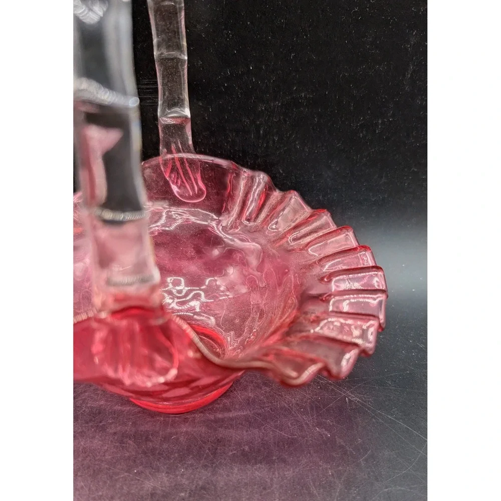 Vintage Cranberry Glass Basket Diamond Quilt Ruffled Rim Clear Thorn Handle Pink